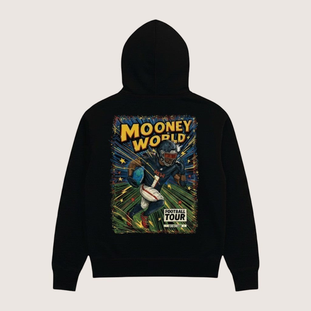 Athlete Xclusive black heavyweight hoodie with Mooney World Football Tour comic graphic. Oversized fit.