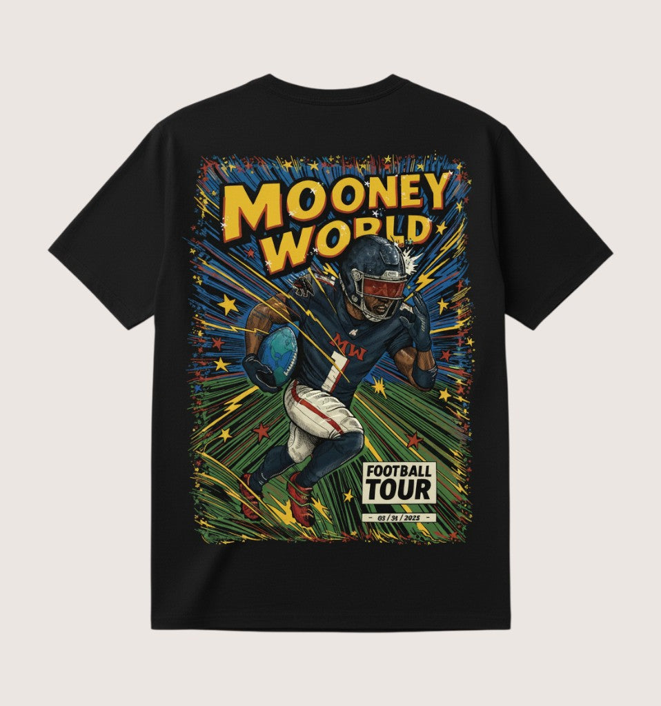 Athlete Xclusive Mooney World Football Tour black cotton tee with comic-style graphic of a football player running with the world.