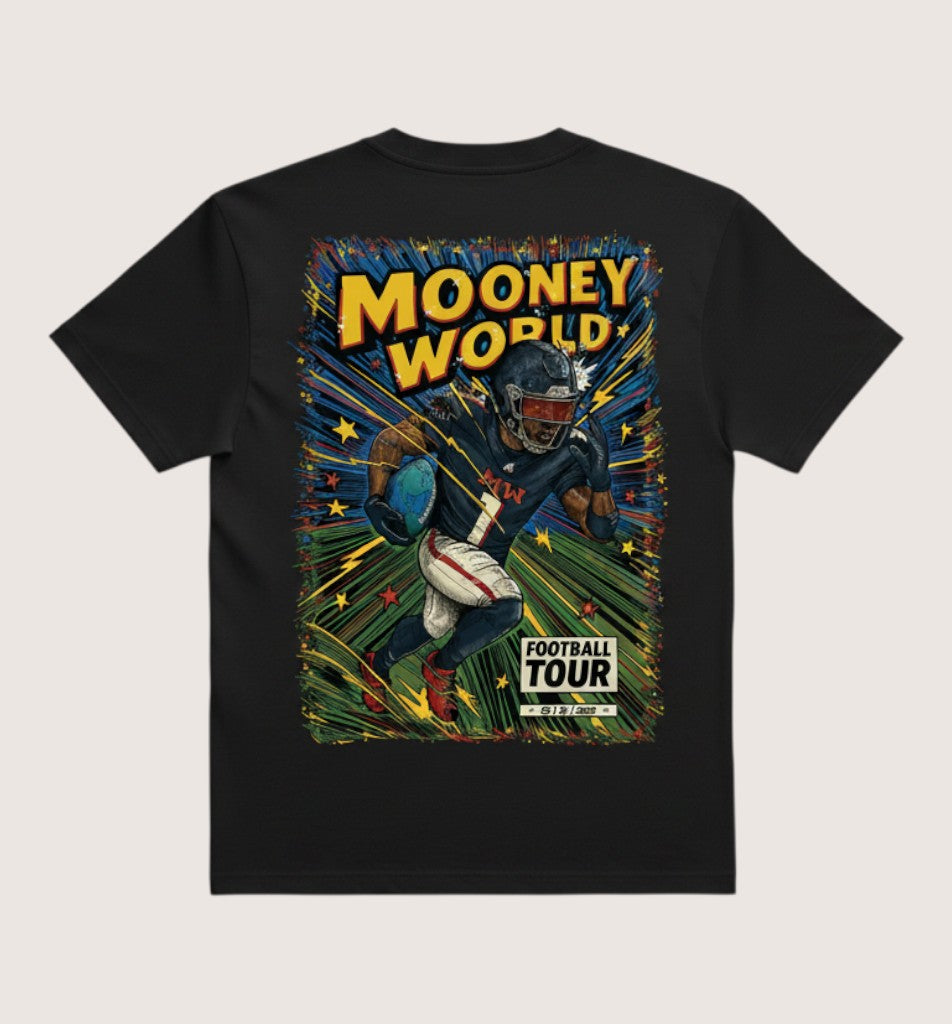Athlete Xclusive Mooney World Football Tour graphic tee. Black cotton t-shirt with comic-style art of a football player running with the globe.