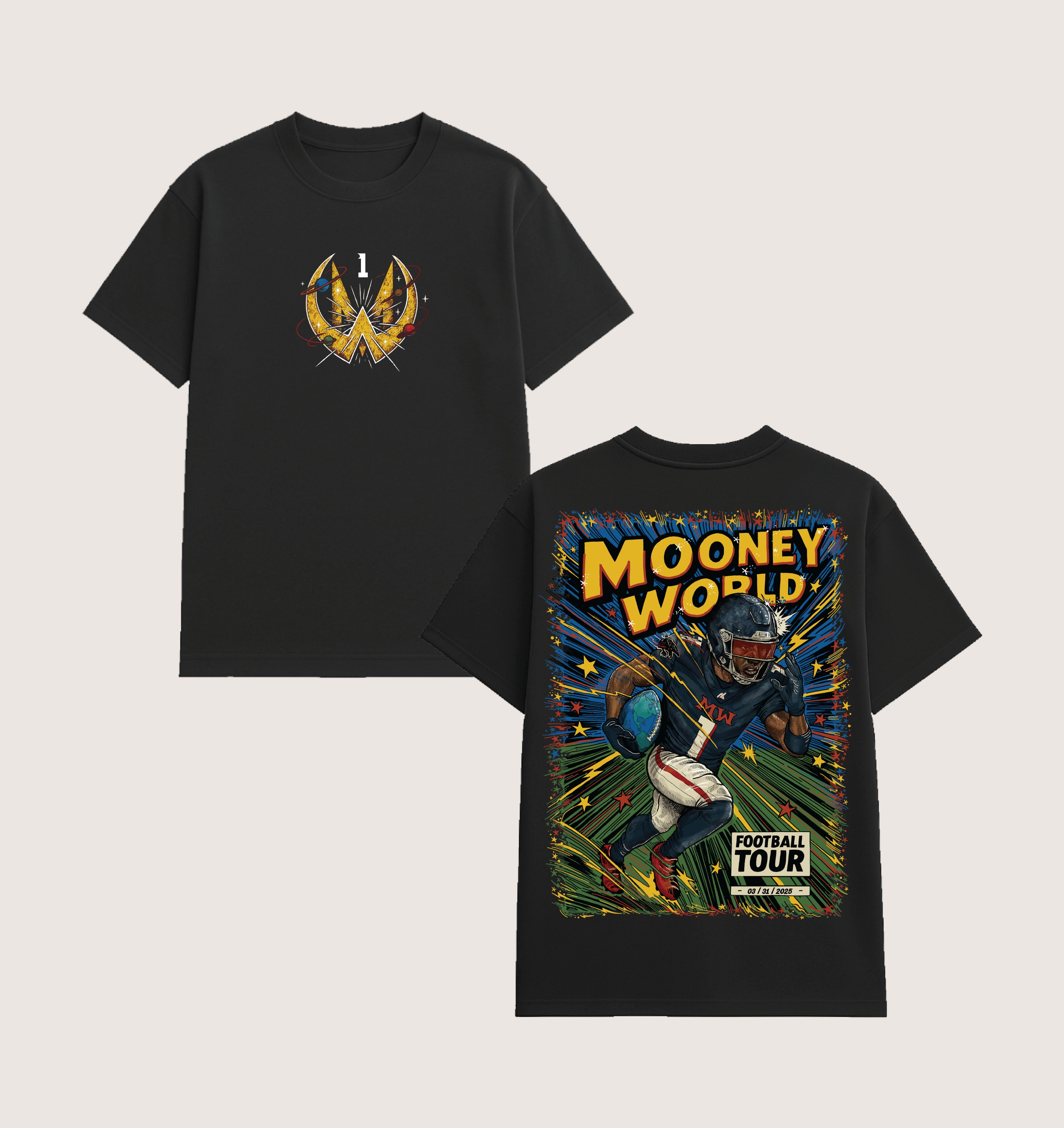 Athlete Xclusive black cotton t-shirt with Mooney World comic-style graphic of a football player running.