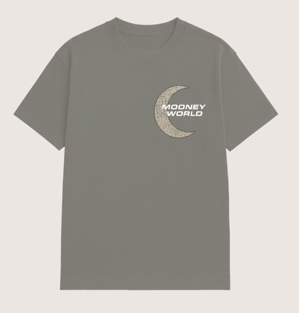 Athlete Xclusive Mooney World 1 tee in gray, featuring a cracked moon logo and text on the front. Cotton face with Dri-Fit lining.