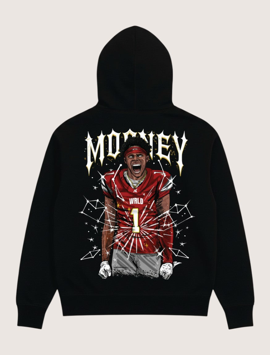 Athlete Xclusive black hoodie with a graphic of a football player yelling, wearing a red jersey with WRLD and the number 1. Cosmic details surround the graphic.