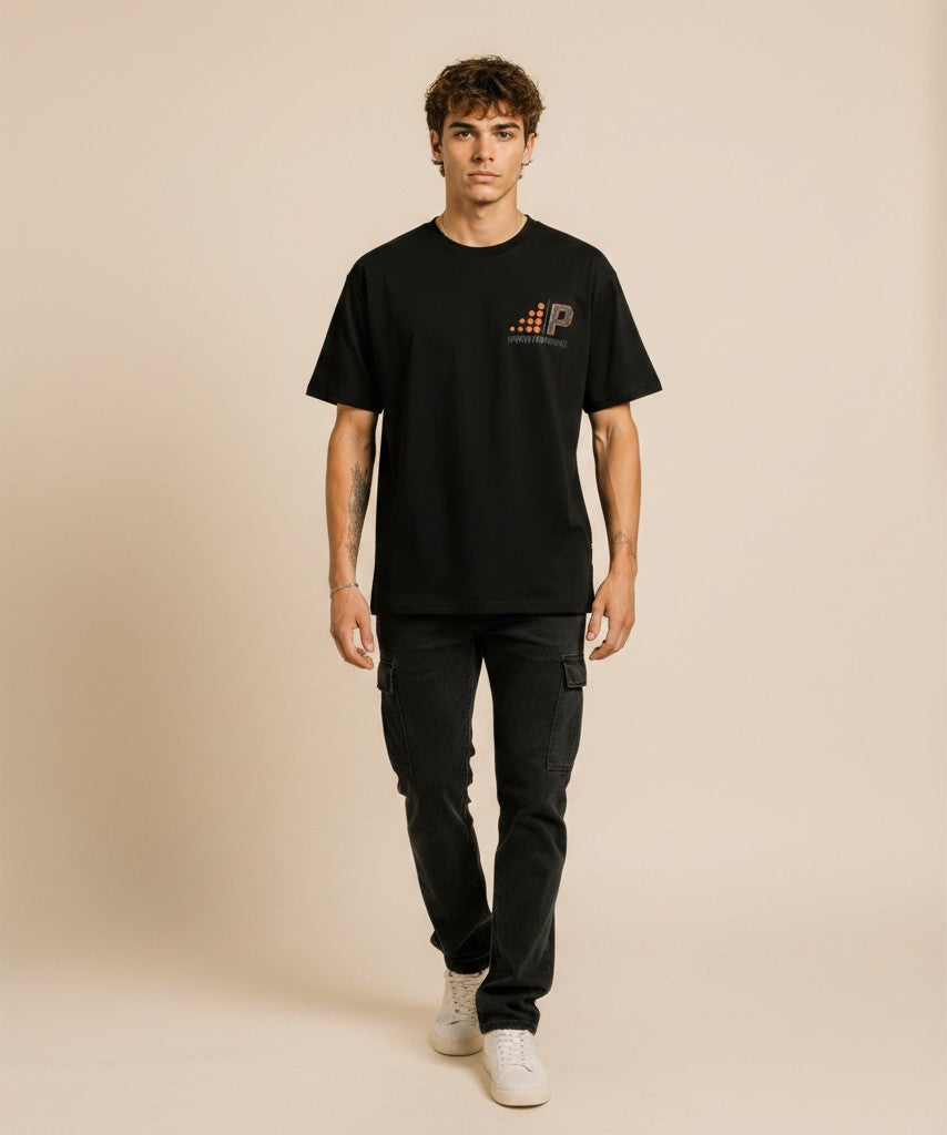 Athlete Xclusive black midweight cotton tee with Proactive Sports Performance logo on chest. Classic athletic fit.