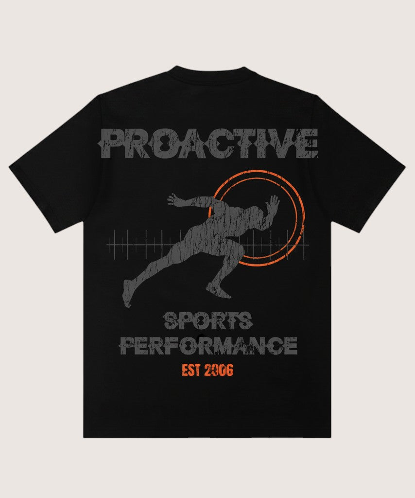 Athlete Xclusive black midweight cotton tee with Proactive Sports Performance logo and runner graphic, est 2006.