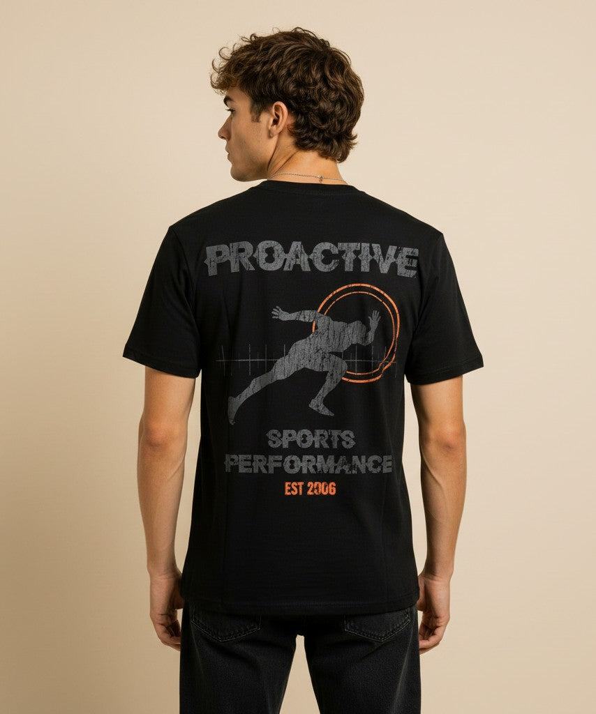 Athlete Xclusive black midweight cotton tee with Proactive Sports Performance logo and runner graphic.