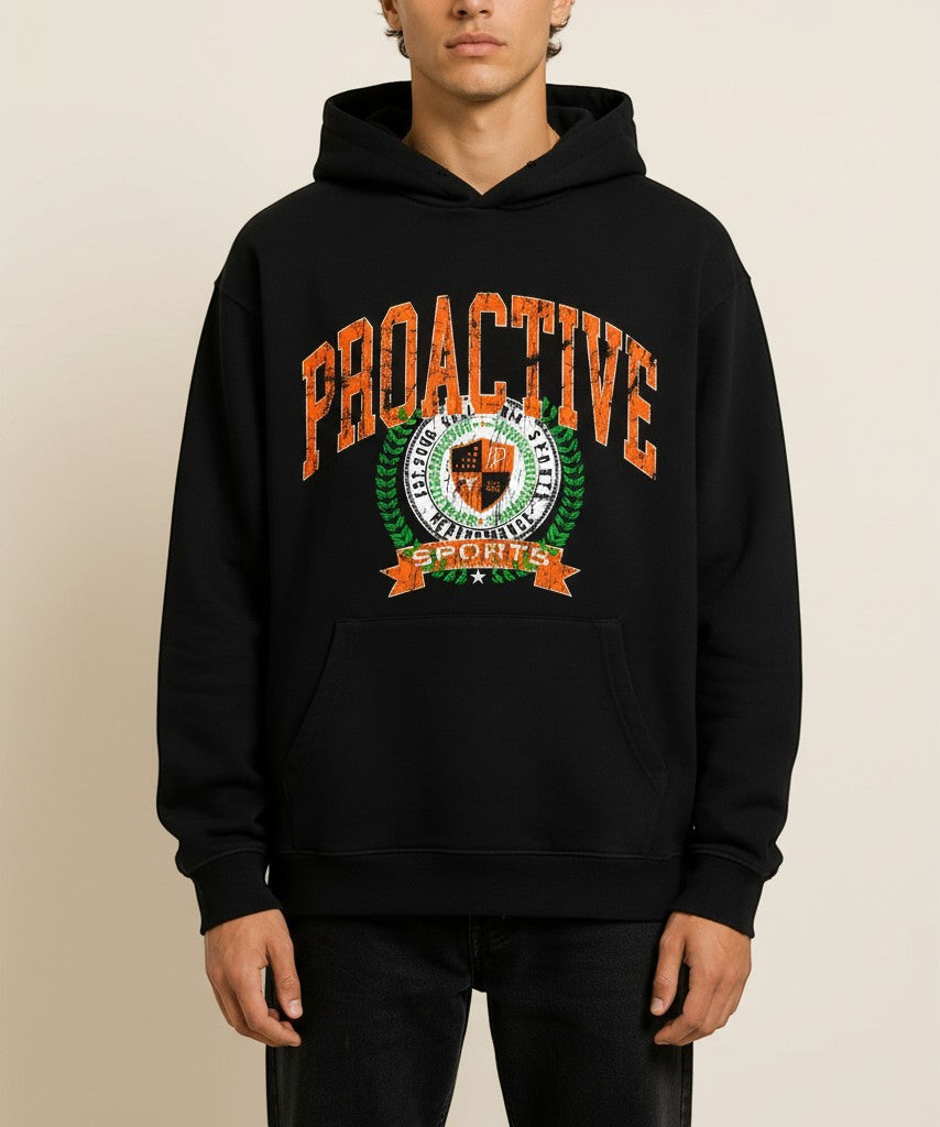 Athlete Xclusive black midweight fleece hoodie with distressed orange "Proactive University" graphic and athletic fit.