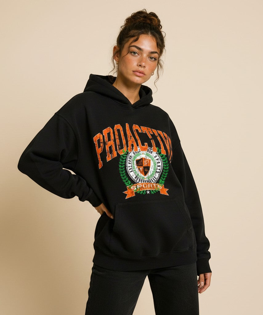 Athlete Xclusive black midweight fleece hoodie with distressed "Proactive University" graphic across chest and kangaroo pocket.
