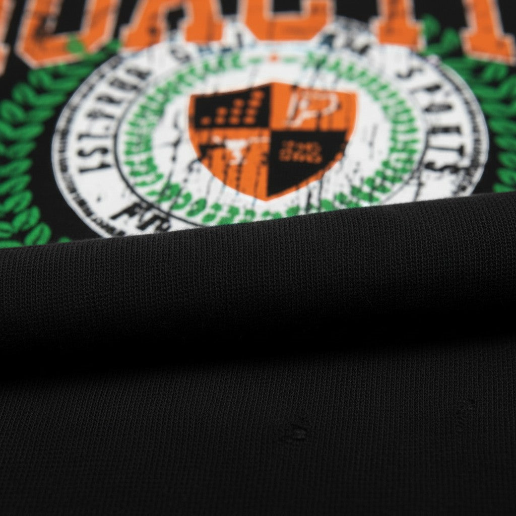 Athlete Xclusive Proactive University black midweight fleece hoodie with graphic chest print and kangaroo pocket.