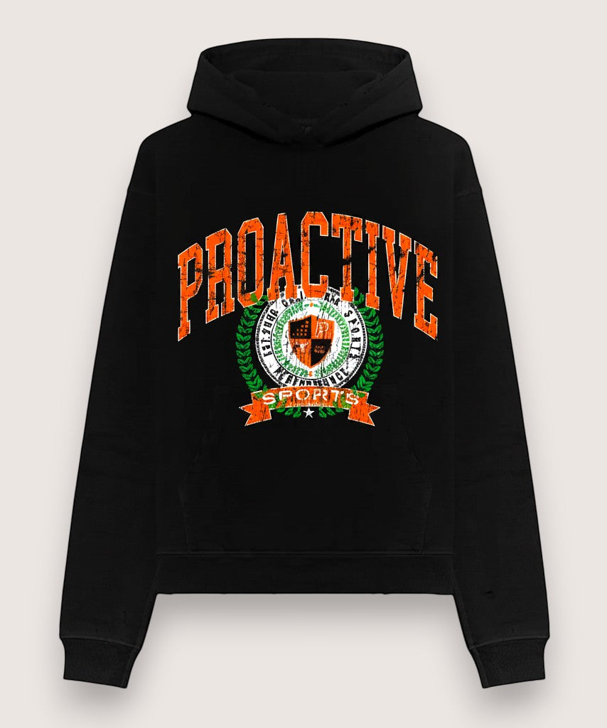 Athlete Xclusive black midweight fleece hoodie with distressed orange "PROACTIVE" graphic and collegiate crest.