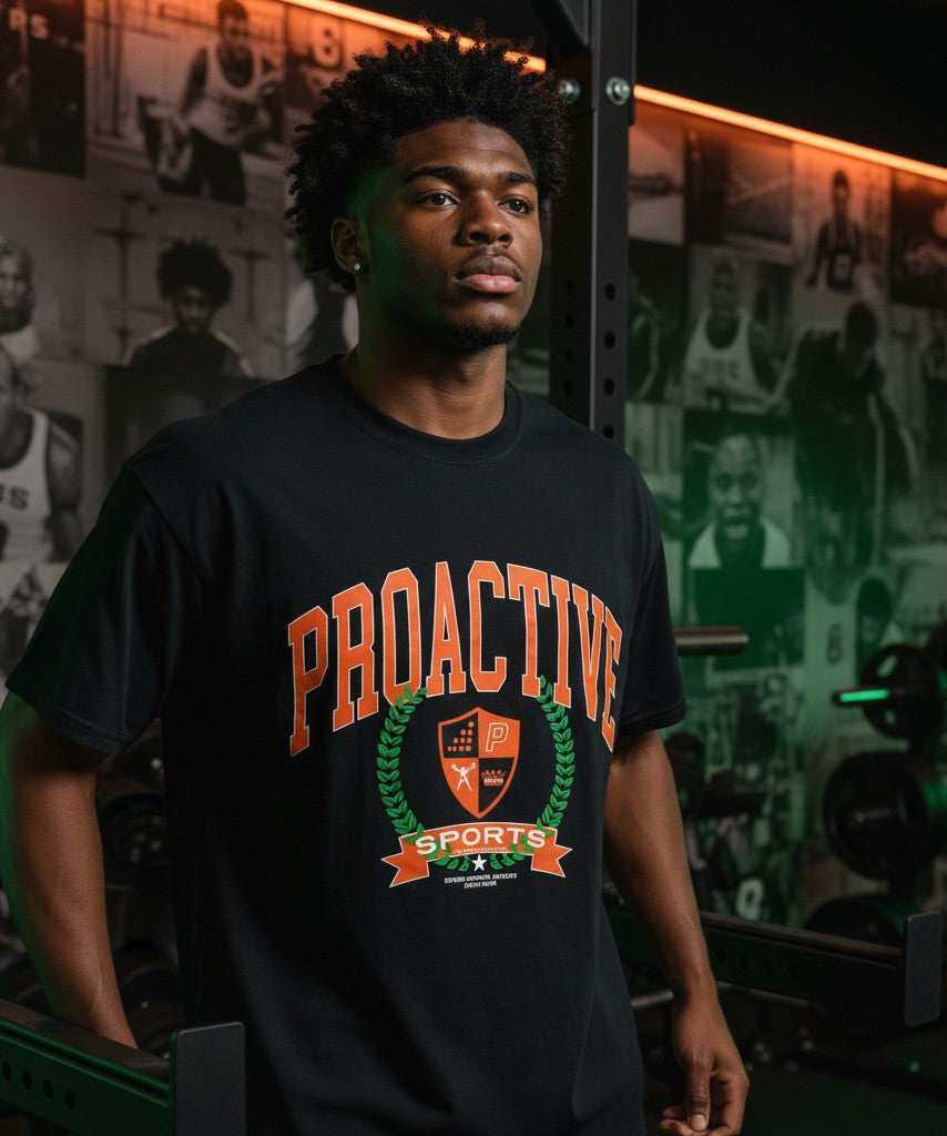 Athlete Xclusive black midweight cotton tee with Proactive University graphic across chest in orange and green.