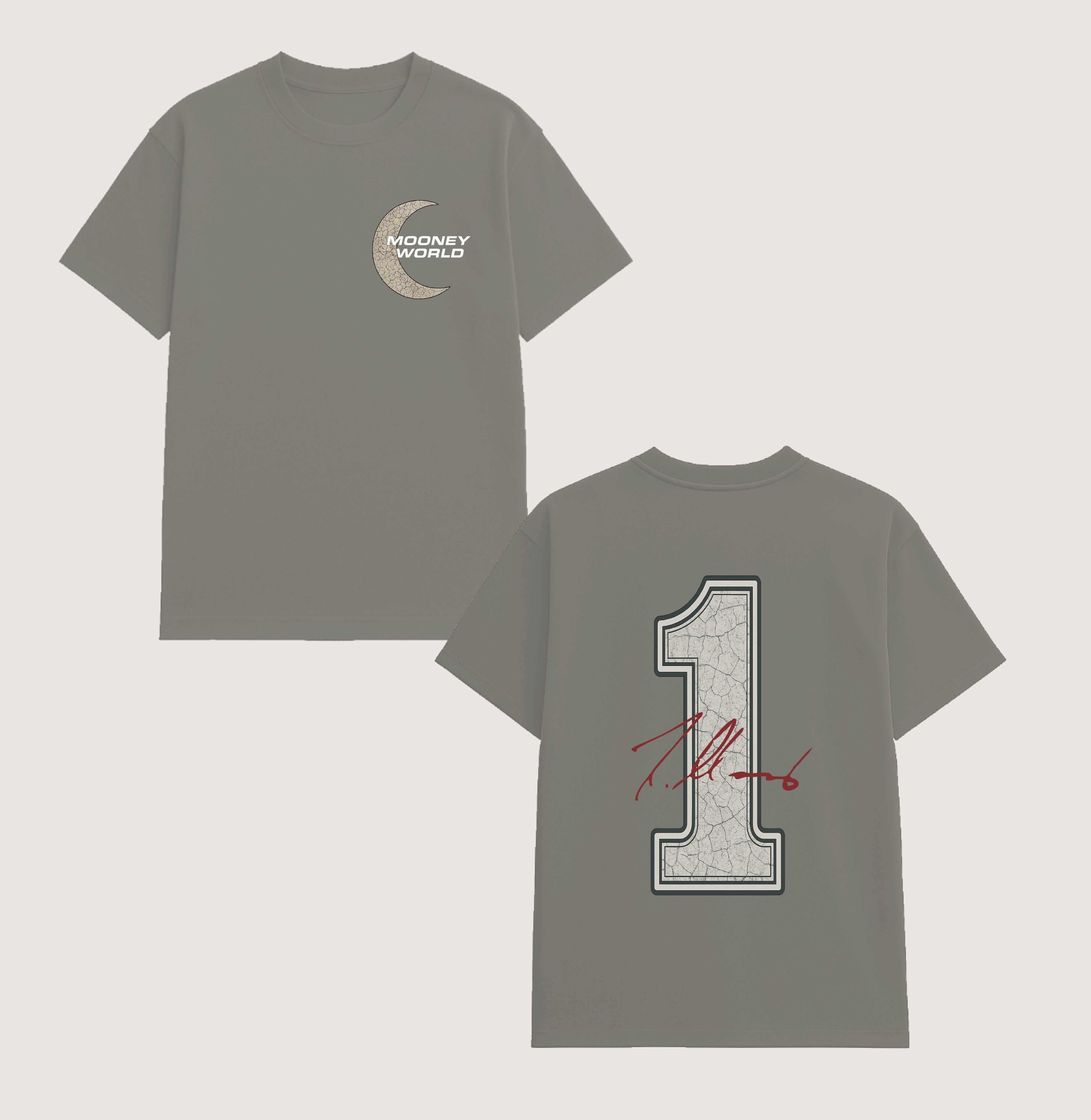 Athlete Xclusive The 1 Tee in gray, featuring a crescent moon logo on the front and a large number 1 graphic with autograph on the back. Cotton face with Dri-Fit lining.