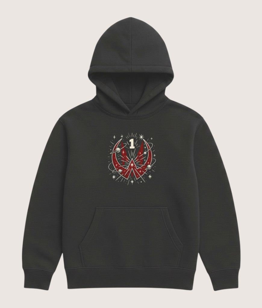 Athlete Xclusive dark grey heavyweight hoodie with a red and white graphic featuring the number 1 and cosmic elements.