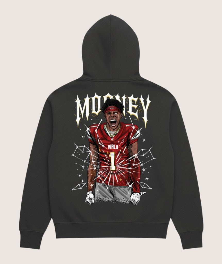 Athlete Xclusive Unleashed hoodie featuring a graphic of a football player in a red jersey with the number 1. Dark grey.